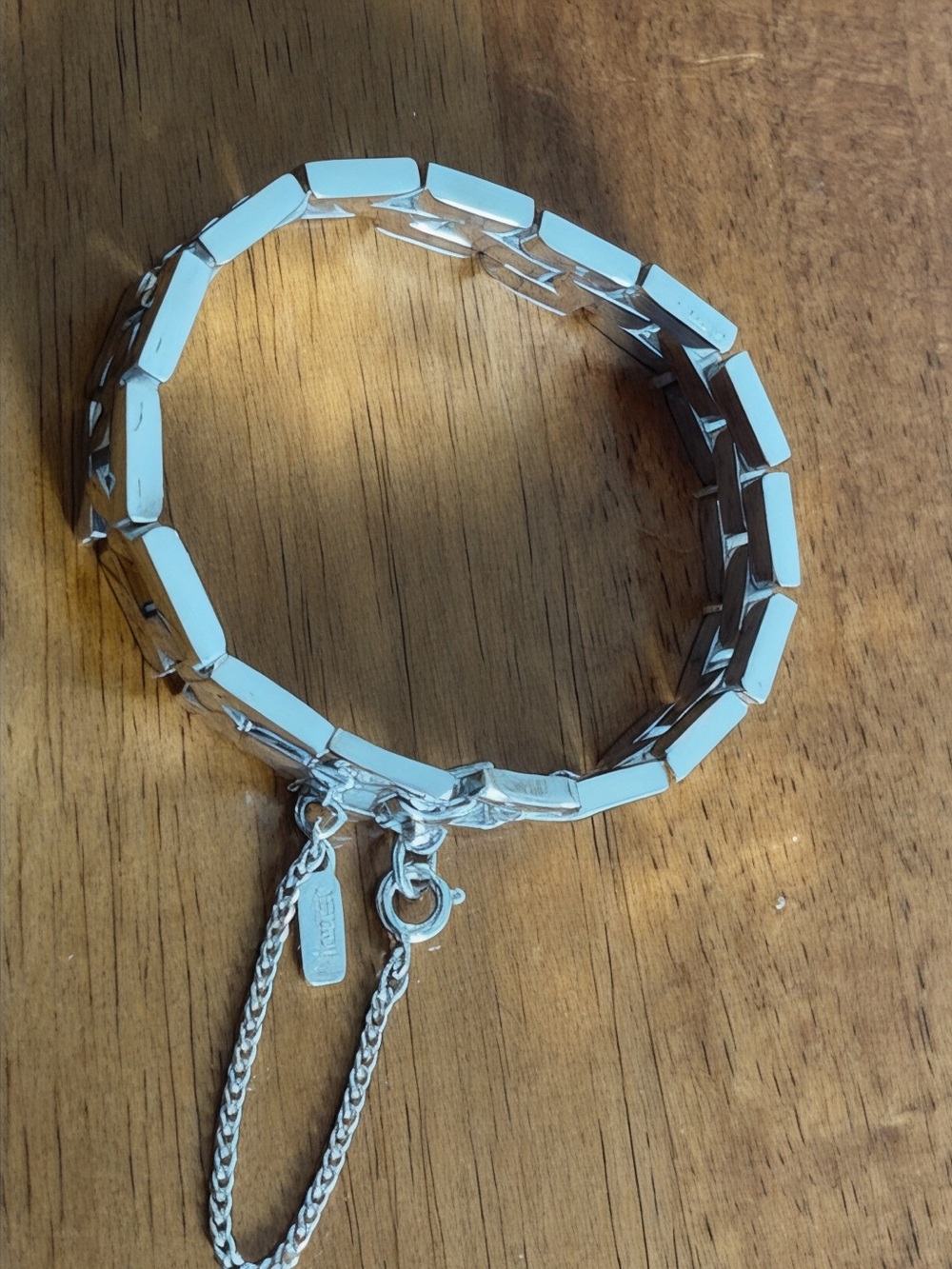 Monet Vintage Shiny Silver Link Bracelet with Foldover Latch and Safety Chain